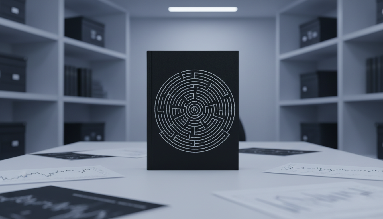 A sleek, minimalist black hardcover notebook embossed with an intricate geometric labyrinth in shimmering silver foil, resting atop a matte white desk scattered with subtle hints of confidential economic charts and shadowy documents. The environment is a windowless, softly lit private study lined with stark white shelves and security lockboxes. Focused cool LED overhead lighting casts gentle but distinct shadows, creating an atmosphere of exclusivity and intrigue. The composition is shot eye-level, centered on the notebook for maximum impact with a sharp focus in the foreground, giving a clean, modern, and almost mysterious aesthetic perfectly suited to a members-only information site on clandestine topics.